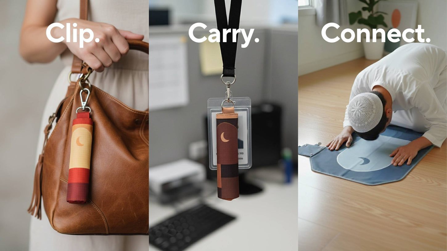 Lifestyle images showing SalahTag portable prayer mat clipped to a bag, worn on a lanyard, and used for prayer